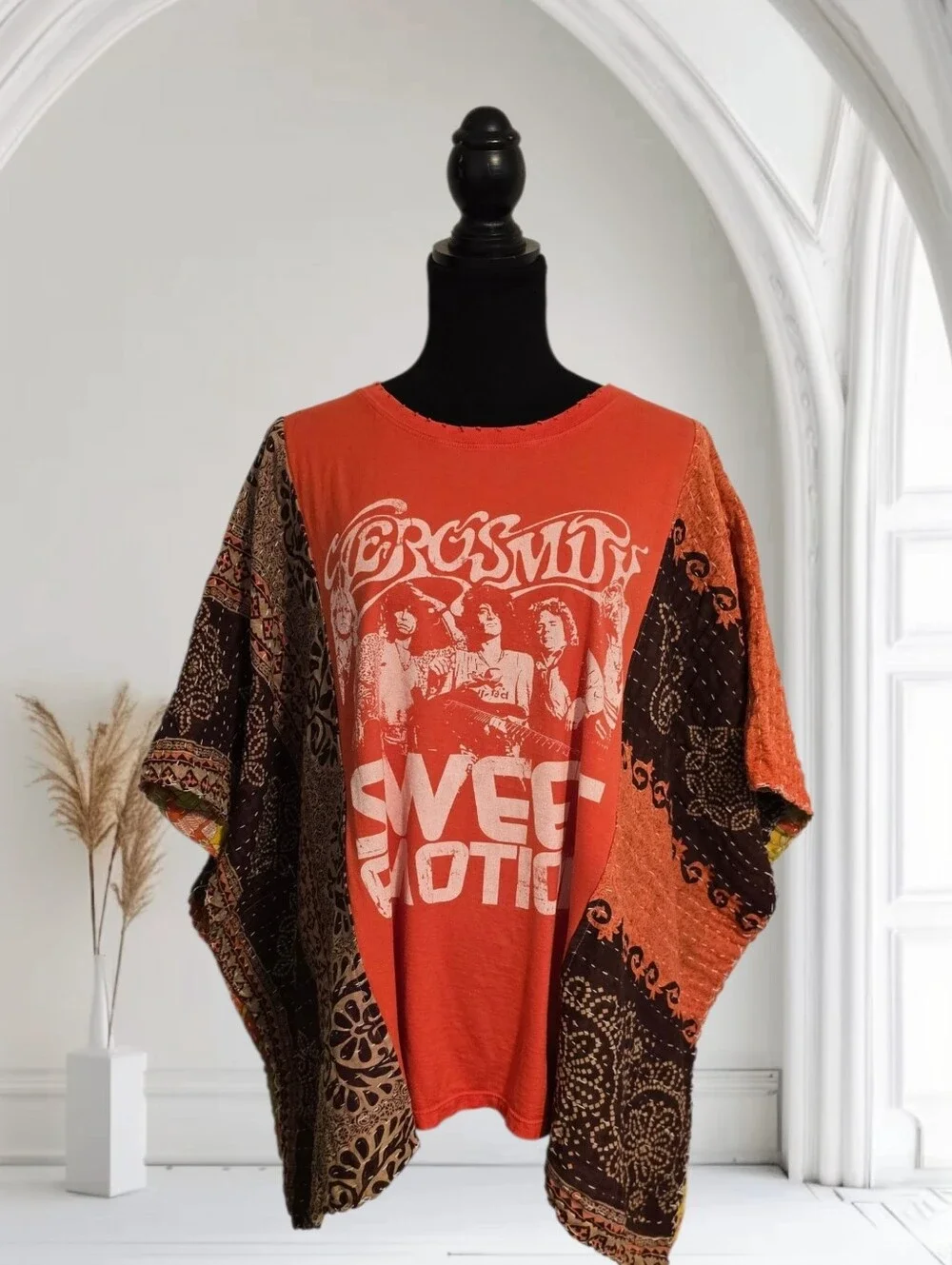 Upcycled Aerosmith Band Tee With Kantha Sleeves, OS - Picture 2 of 8
